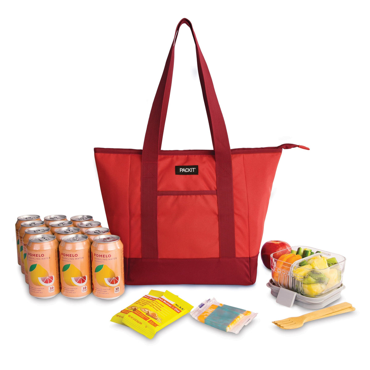 freezable-12-can-tote-cooler-f2 freezable-12-can-tote-cooler-poppy-front-food-combo.jpg