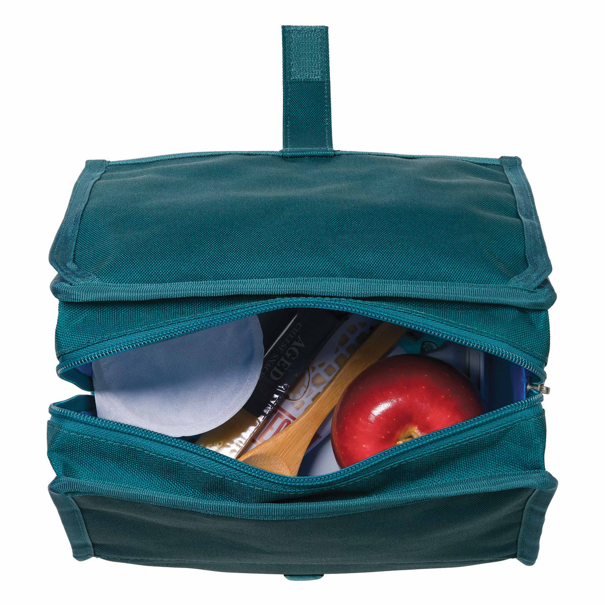freezable-lunch-bag-k4 freezable-lunch-bag-deep-teal-top-view-packed.jpg